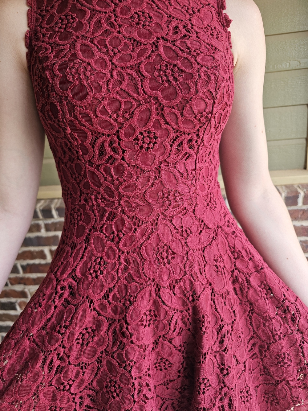 Jodi Kristopher Burgundy Lace Fit & Flare Mini Dress
